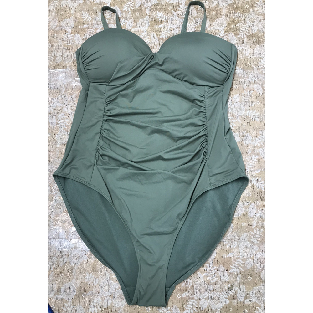 Primark Women's One PC Swimsuit 16 Solid Olive Green Ruched Bathing Suit Padded